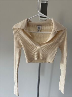 BDG Ribbed Cropped Polo Top in Cream